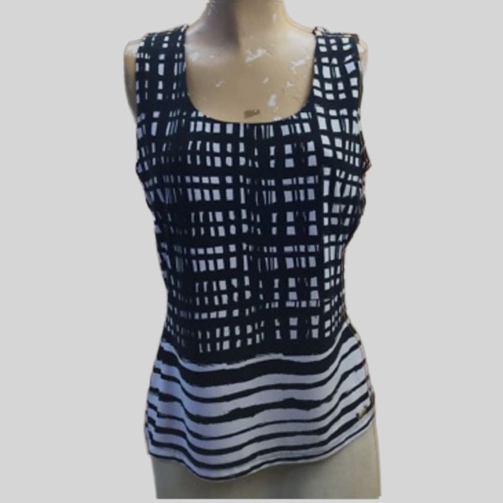 Calvin Klein Womens‎ Black White Grid Stripe Sleeveless Top Sz Small Petite